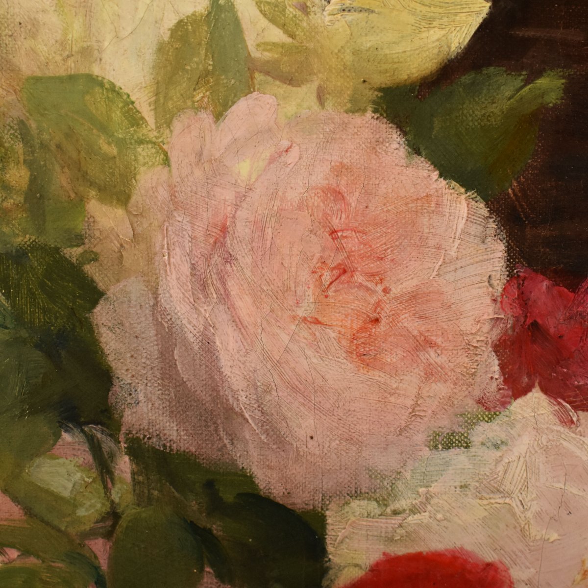 QUADRO ANTICO, CESTO DI ROSES, ACHILLE CESBRON, NATURA MORTA DI ROSE, OLIO SU TELA, (QF783)-photo-4