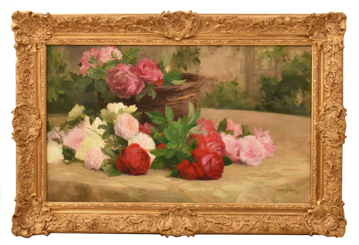 QUADRO ANTICO, CESTO DI ROSES, ACHILLE CESBRON, NATURA MORTA DI ROSE, OLIO SU TELA, (QF783)