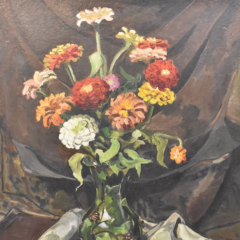 Composition De Fleurs,  Bouquet De Zinnias,  XXème siècle. (QF248)-photo-2