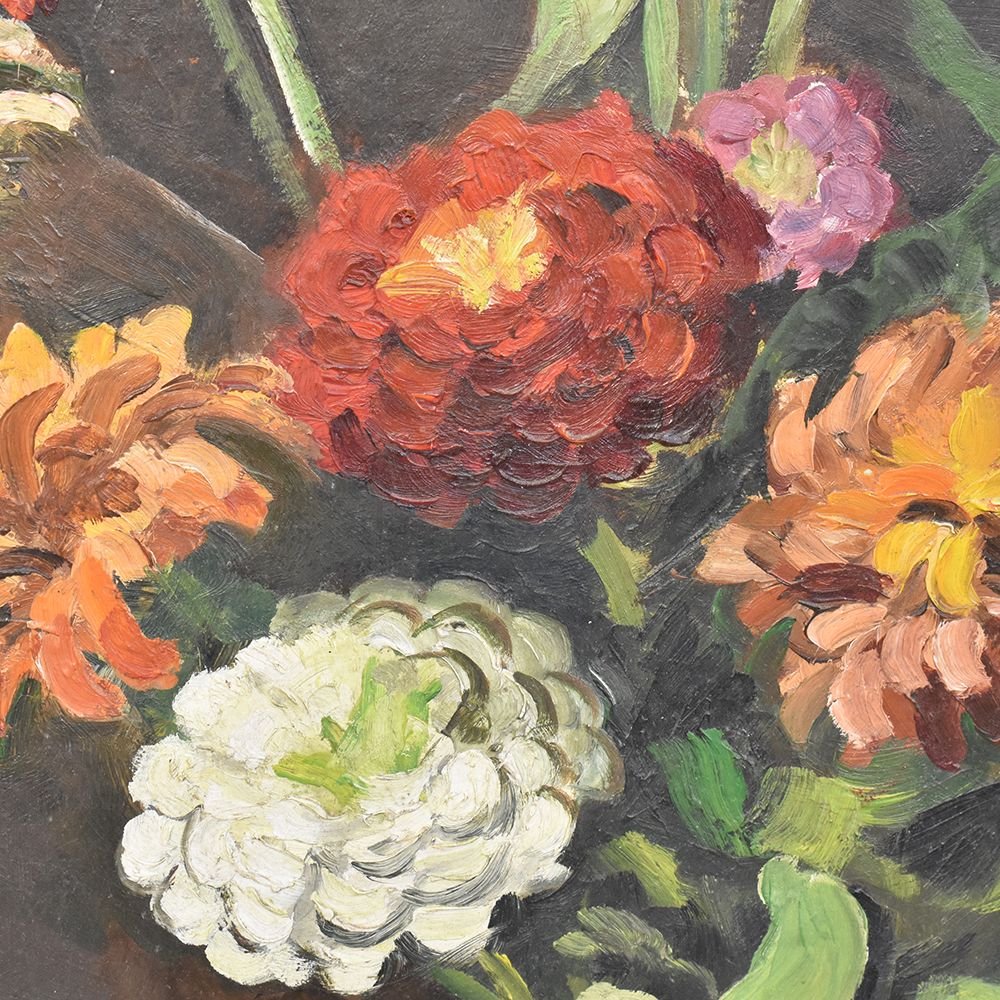 Composition De Fleurs,  Bouquet De Zinnias,  XXème siècle. (QF248)-photo-3