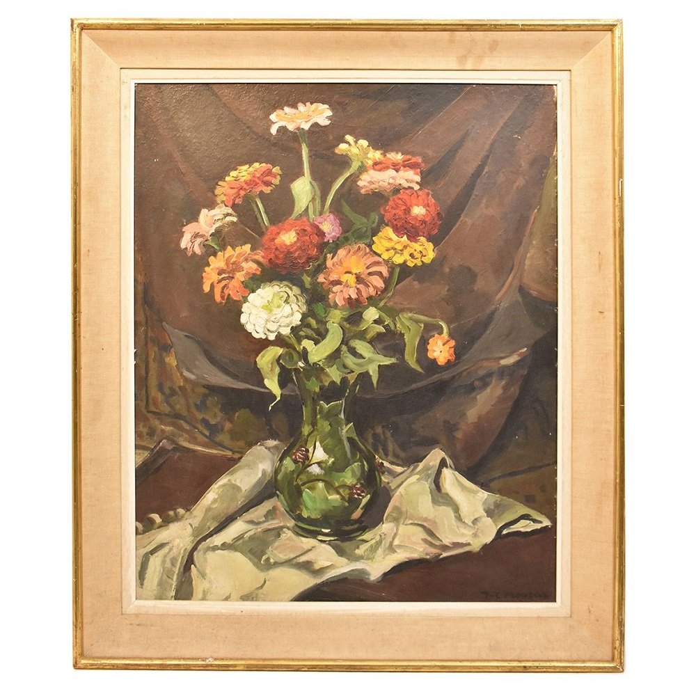 Composition De Fleurs,  Bouquet De Zinnias,  XXème siècle. (QF248)