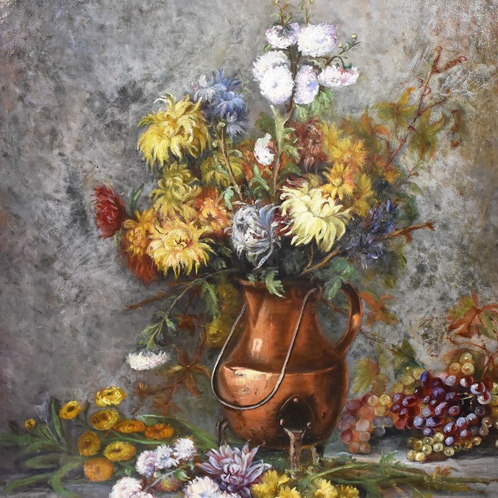 Tableau Composition de Fleurs, Dahlias, Chrysanthèmes et  raisin,  XIXè siècle. (QF251)-photo-2