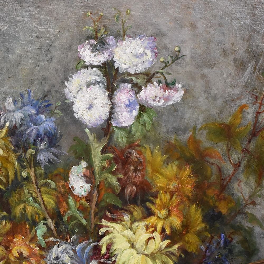 Tableau Composition de Fleurs, Dahlias, Chrysanthèmes et  raisin,  XIXè siècle. (QF251)-photo-3