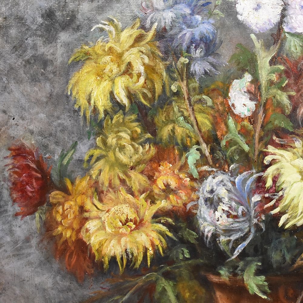 Tableau Composition de Fleurs, Dahlias, Chrysanthèmes et  raisin,  XIXè siècle. (QF251)-photo-4
