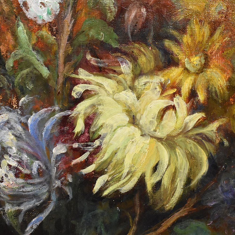 Tableau Composition de Fleurs, Dahlias, Chrysanthèmes et  raisin,  XIXè siècle. (QF251)-photo-1