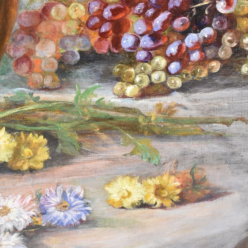 Tableau Composition de Fleurs, Dahlias, Chrysanthèmes et  raisin,  XIXè siècle. (QF251)-photo-2