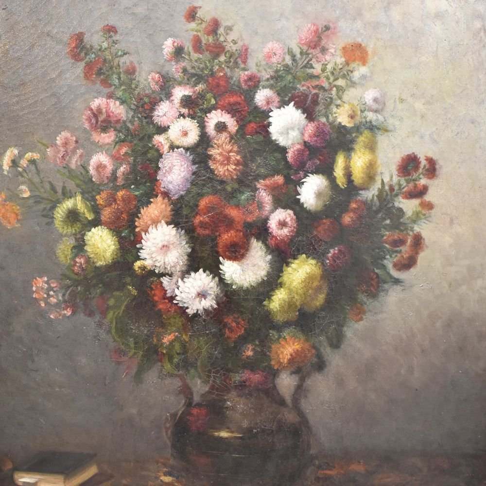 Tableau Composition de Fleurs,  Dahlias, Chrysanthèmes et Marguerites, XIXè  siècle. (QF232)-photo-2
