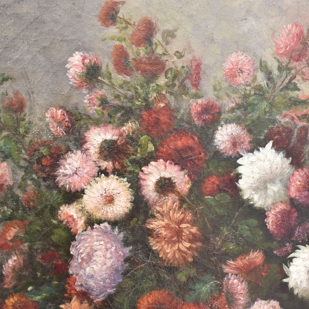 Tableau Composition de Fleurs,  Dahlias, Chrysanthèmes et Marguerites, XIXè  siècle. (QF232)-photo-3