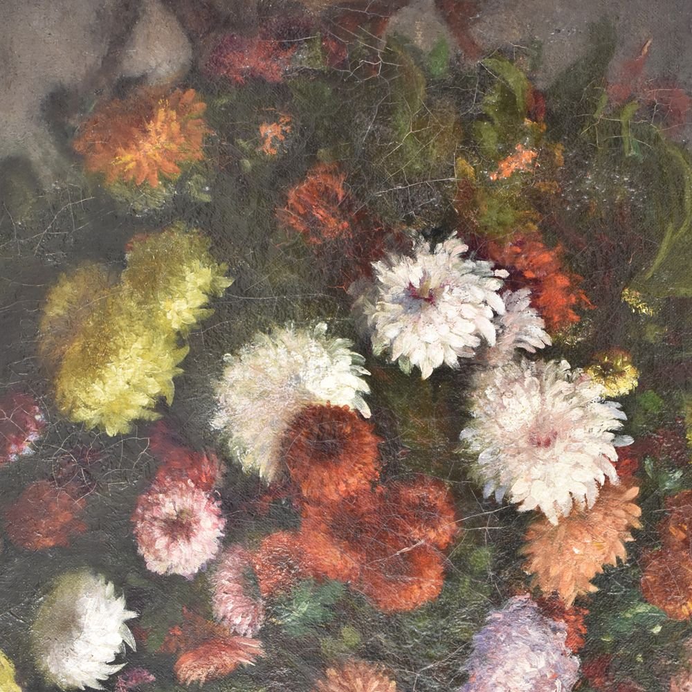Tableau Composition de Fleurs,  Dahlias, Chrysanthèmes et Marguerites, XIXè  siècle. (QF232)-photo-4