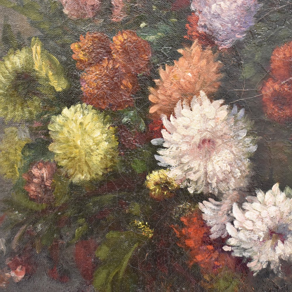 Tableau Composition de Fleurs,  Dahlias, Chrysanthèmes et Marguerites, XIXè  siècle. (QF232)-photo-1