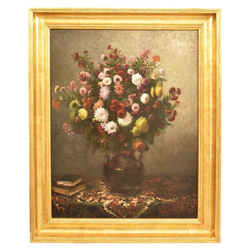 Tableau Composition de Fleurs,  Dahlias, Chrysanthèmes et Marguerites, XIXè  siècle. (QF232)