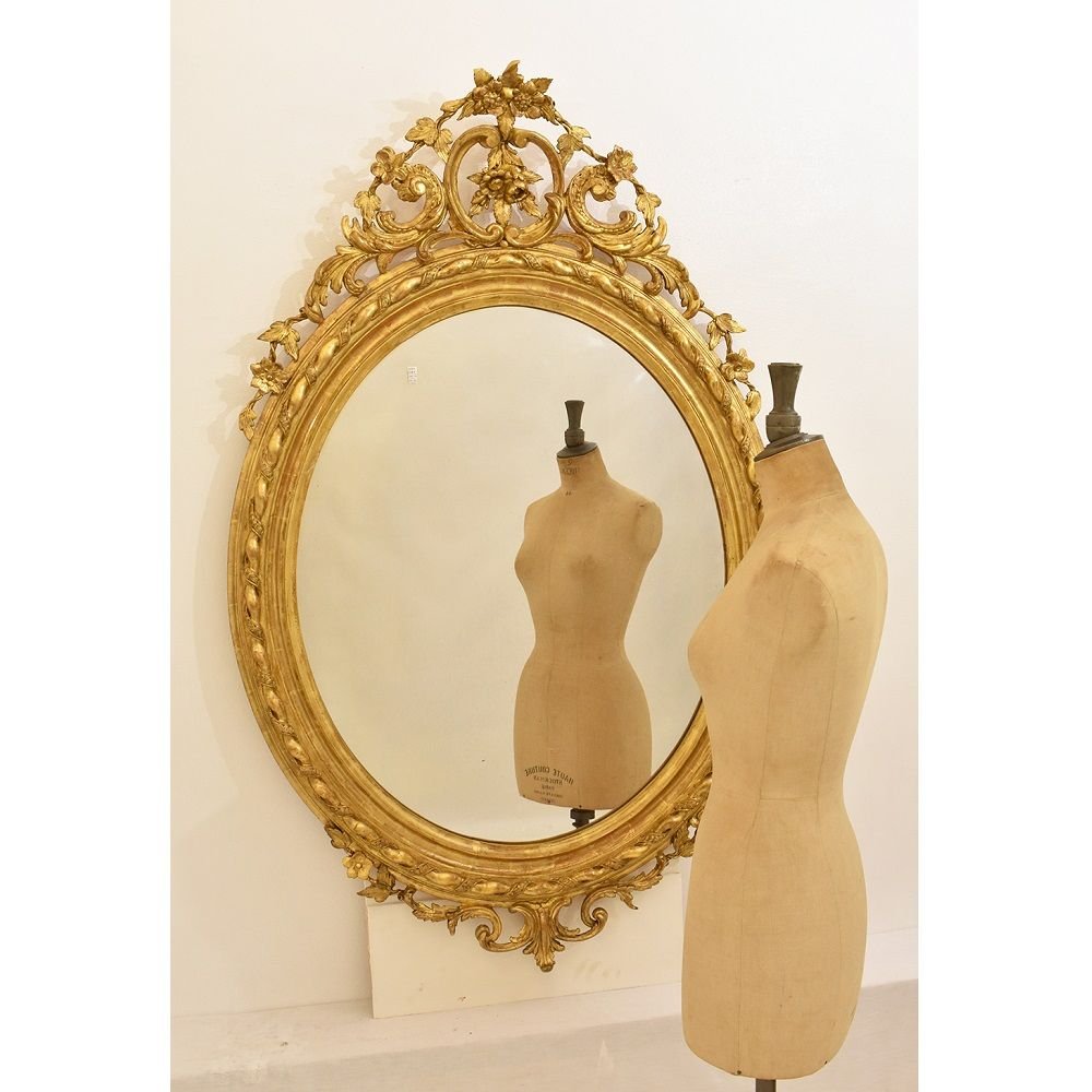Miroirs Anciens, Grand Miroir ancien, Miroir Ovale Doré Avec De fleurs, XIXè siècle. (SPO100)-photo-2