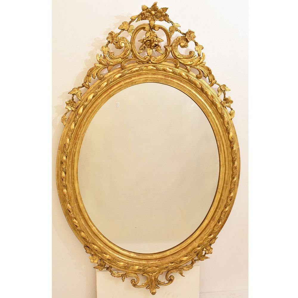 Miroirs Anciens, Grand Miroir ancien, Miroir Ovale Doré Avec De fleurs, XIXè siècle. (SPO100)-photo-3
