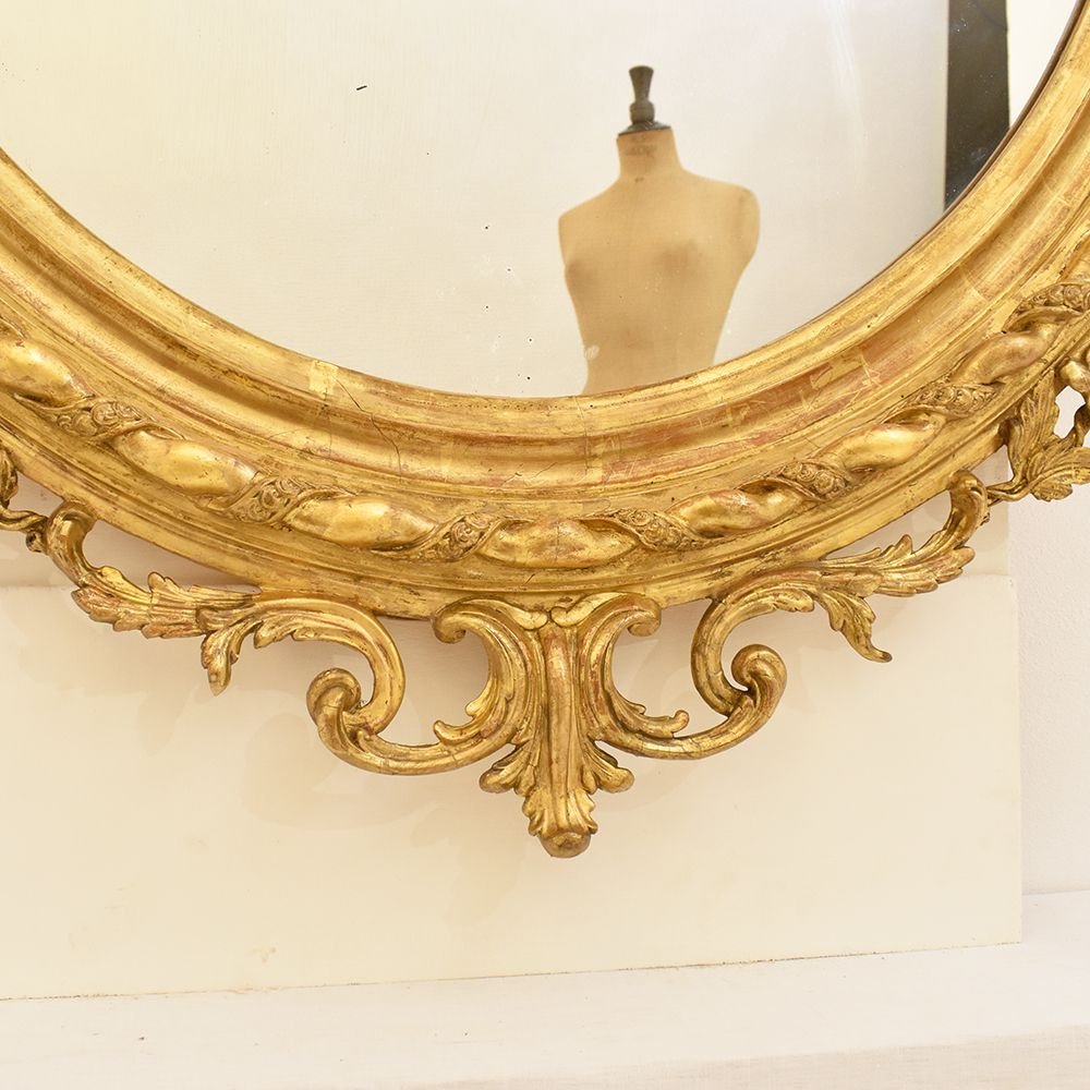 Miroirs Anciens, Grand Miroir ancien, Miroir Ovale Doré Avec De fleurs, XIXè siècle. (SPO100)-photo-4