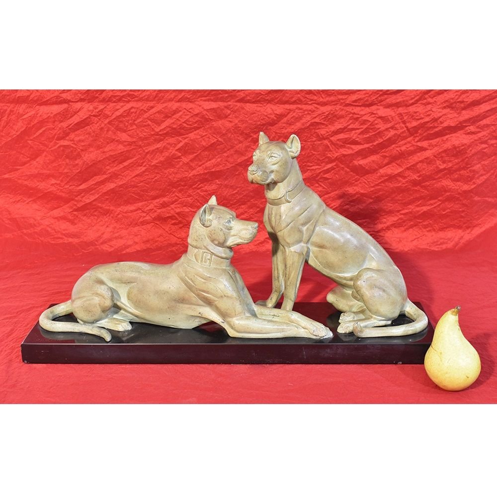 Sculptures En Régule, Sculpture Avec Deux Chiens, Signé Oudine, Art Déco. (STAN43)-photo-3