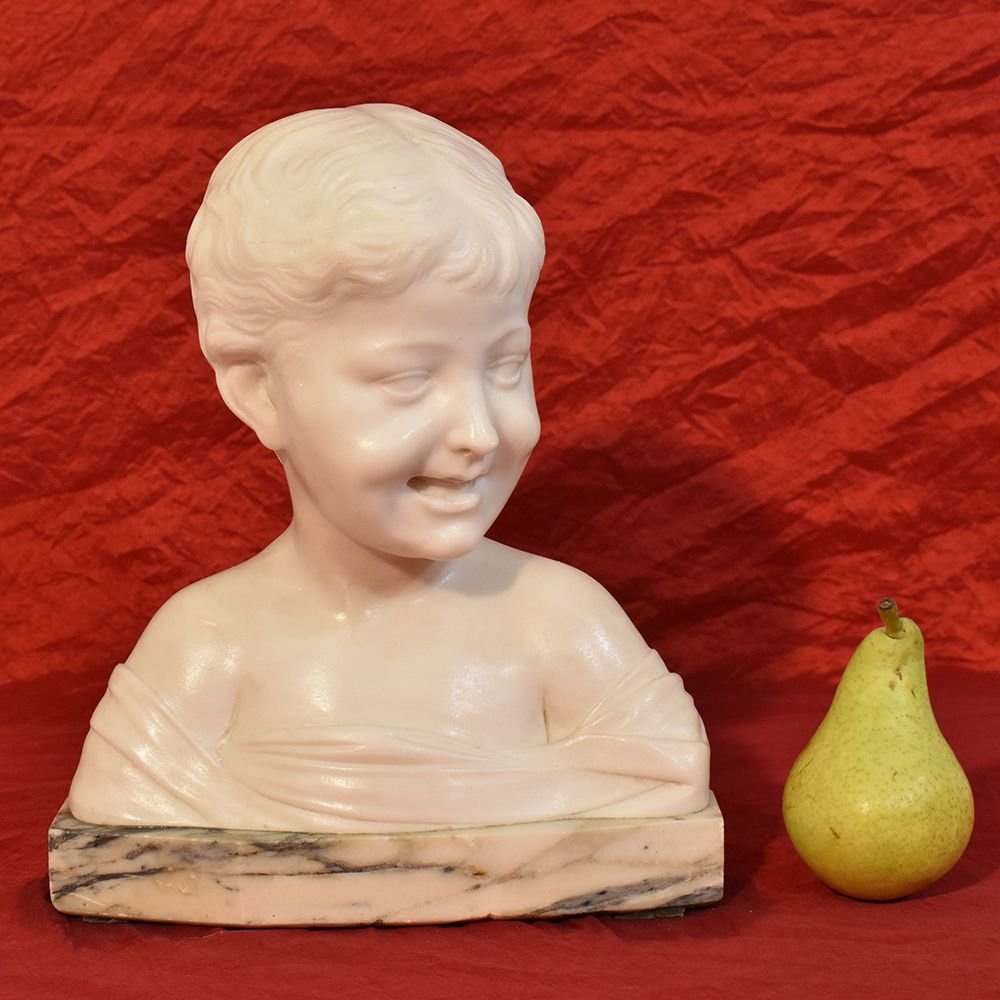 Sculptures anciennes, Marbre blanc de Carrare, Buste D'enfant, Signé Pugi, XIXè. (STMA44)-photo-2