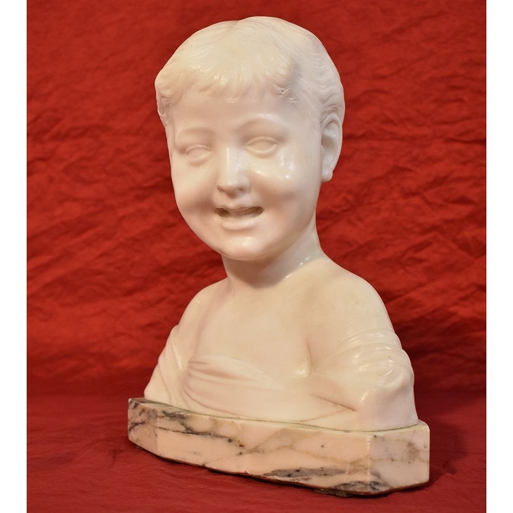 Sculptures anciennes, Marbre blanc de Carrare, Buste D'enfant, Signé Pugi, XIXè. (STMA44)-photo-3