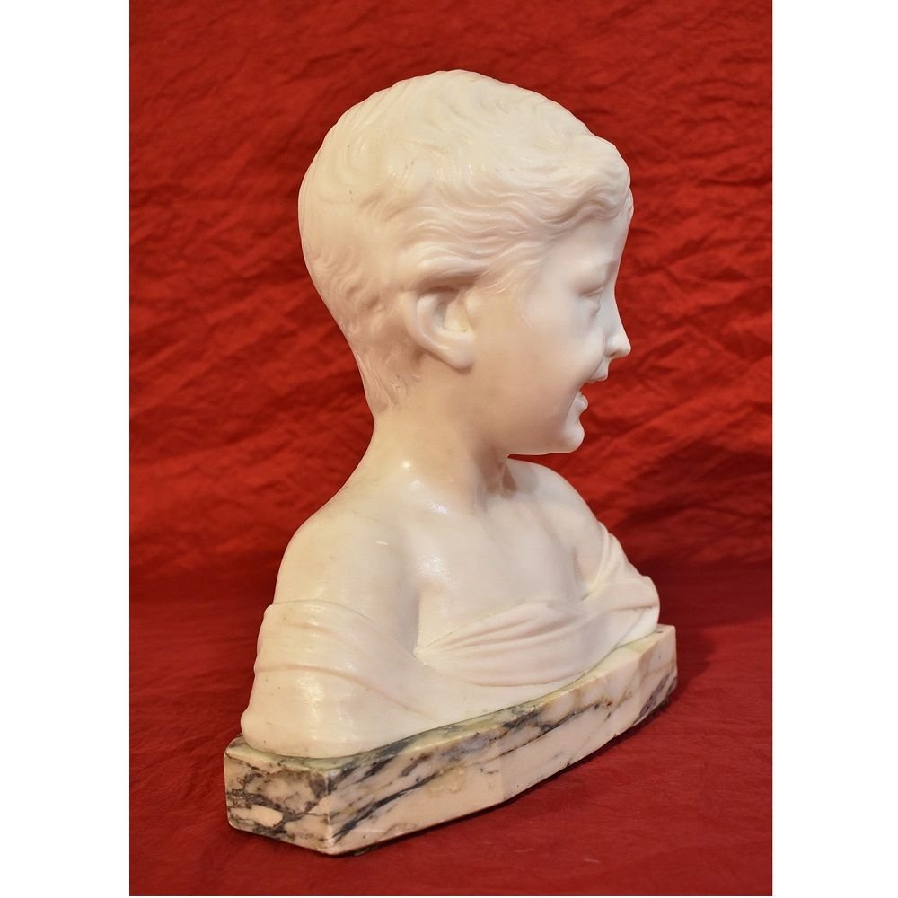 Sculptures anciennes, Marbre blanc de Carrare, Buste D'enfant, Signé Pugi, XIXè. (STMA44)-photo-4