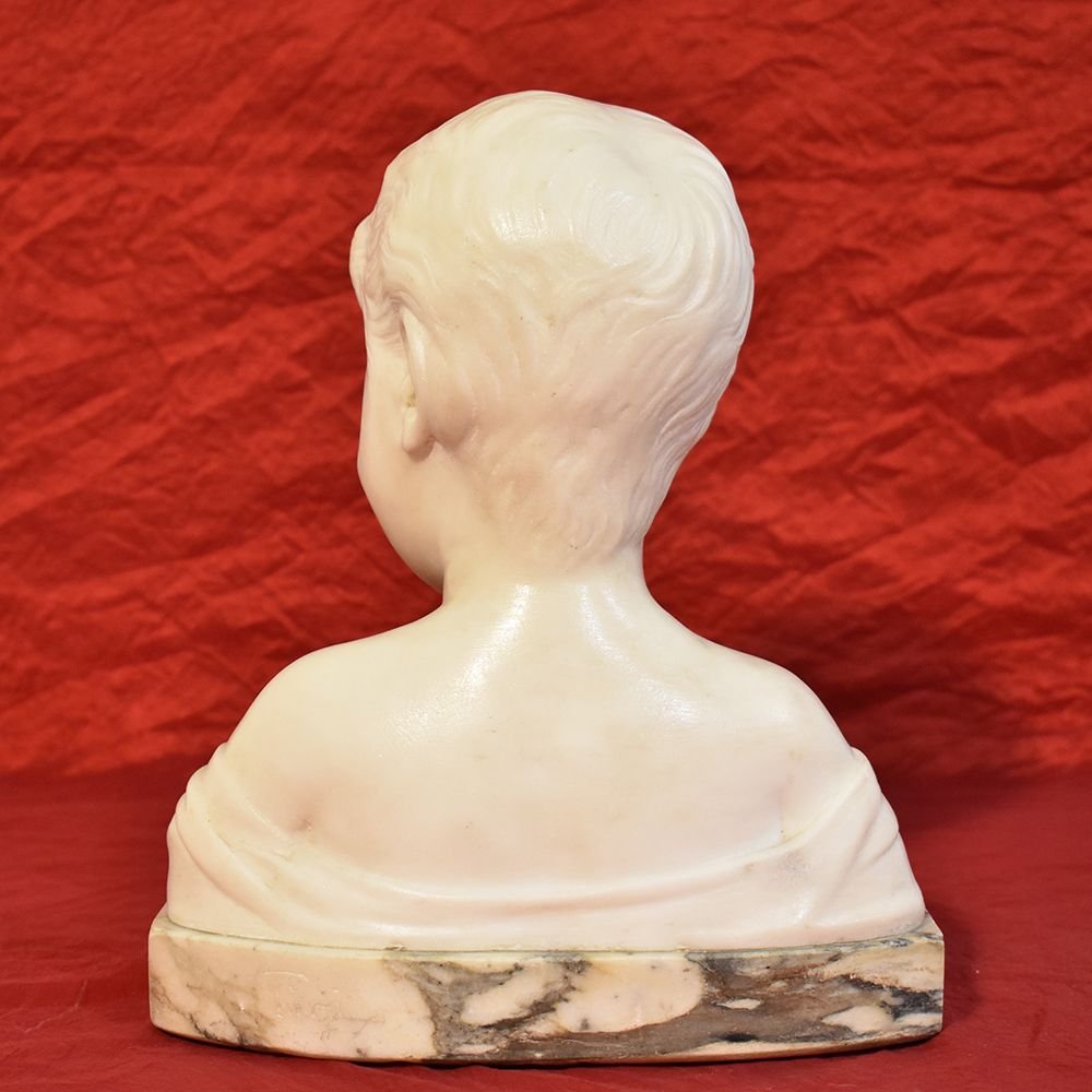 Sculptures anciennes, Marbre blanc de Carrare, Buste D'enfant, Signé Pugi, XIXè. (STMA44)-photo-3