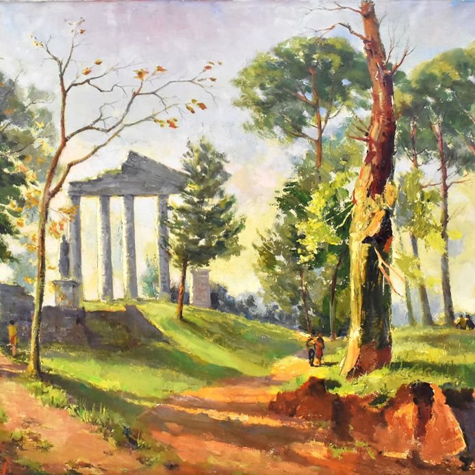 Grande Peinture Ancienne Paysage, Huile Sur Toile, Ancien Temple Gréco-Romain, XXè. (Q15)-photo-2