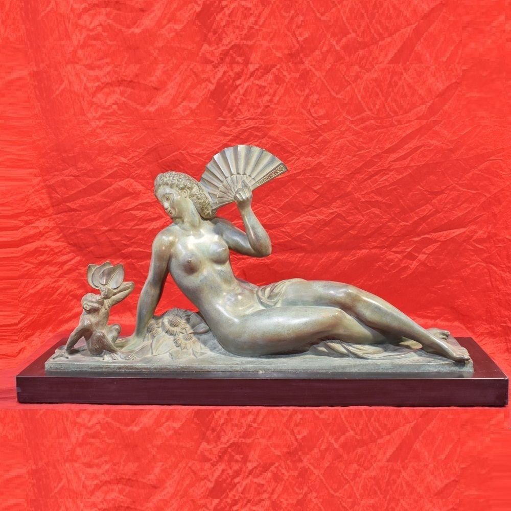 Sculptures Art Déco, Sculptures D'une Femme à l'éventail En Bronze, Début XXème Siècle. (STB31)-photo-2