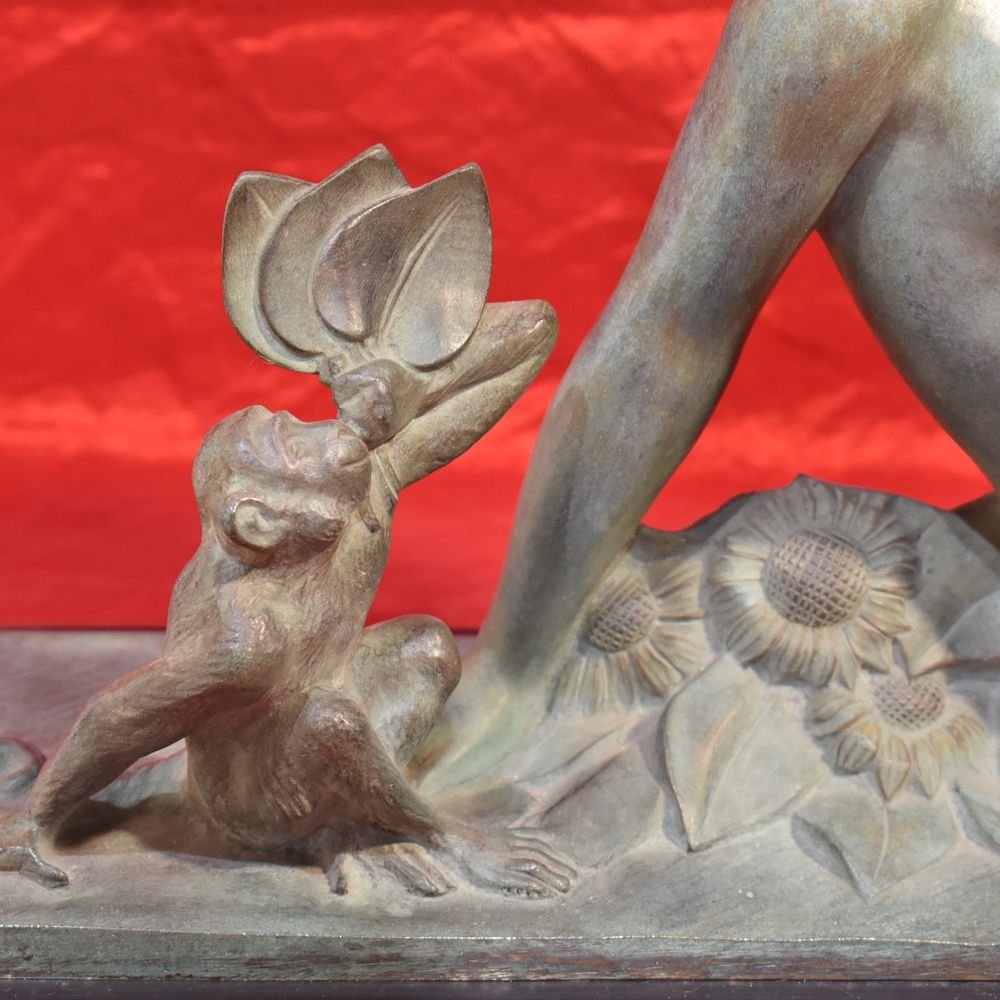 Sculptures Art Déco, Sculptures D'une Femme à l'éventail En Bronze, Début XXème Siècle. (STB31)-photo-1