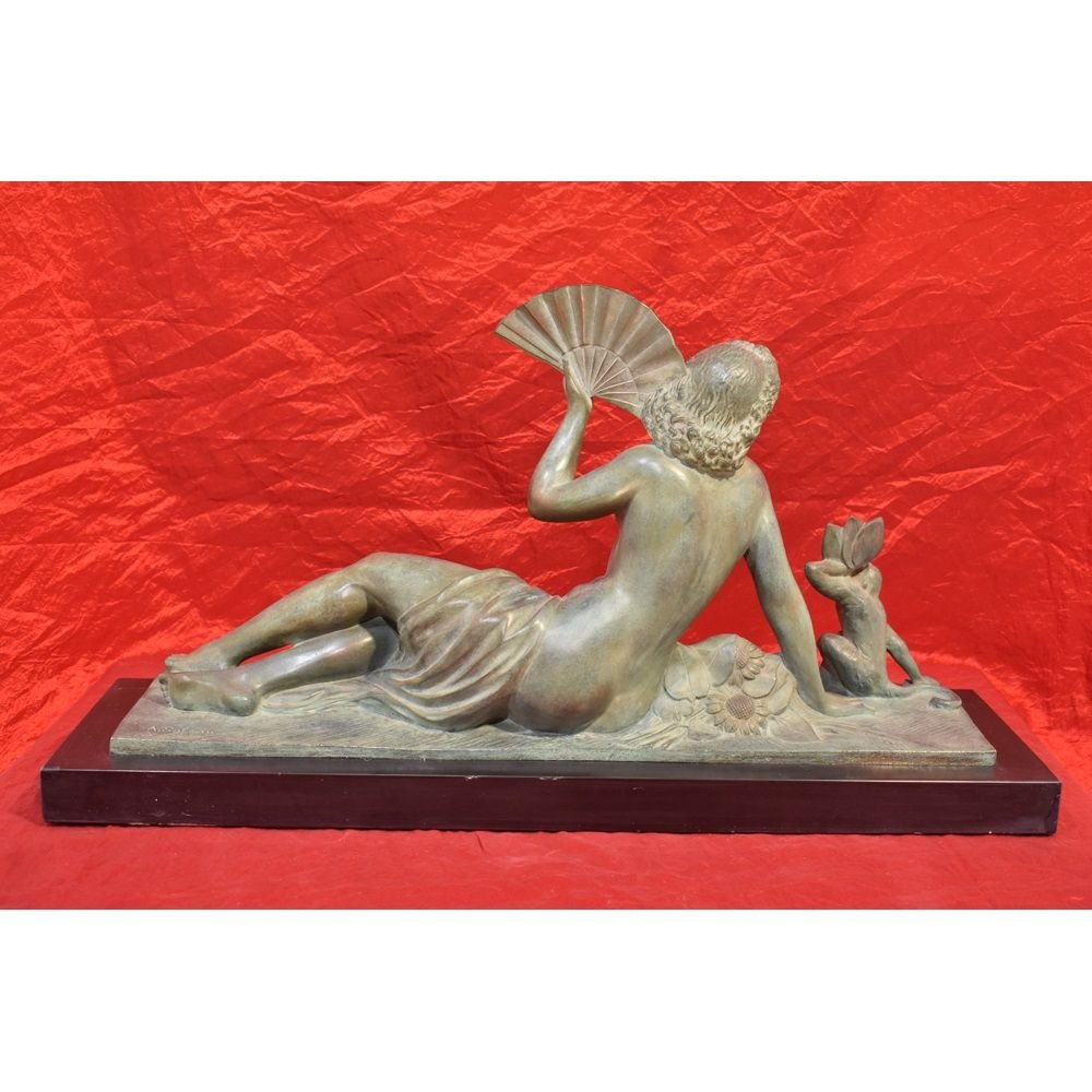 Sculptures Art Déco, Sculptures D'une Femme à l'éventail En Bronze, Début XXème Siècle. (STB31)-photo-4