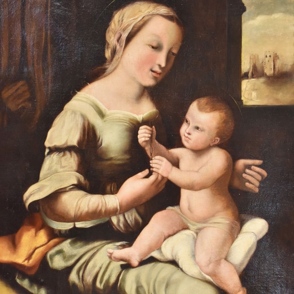 Tableau Religieux Ancien, Vierge à L'Enfant, Huile Sur Toile, XIXème Siècle.  (QRel141)-photo-2