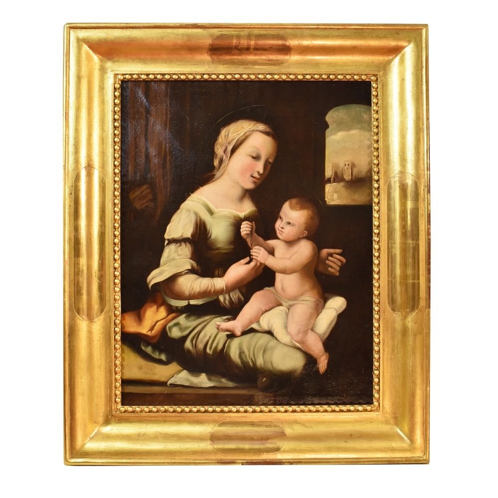 Tableau Religieux Ancien, Vierge à L'Enfant, Huile Sur Toile, XIXème Siècle.  (QRel141)