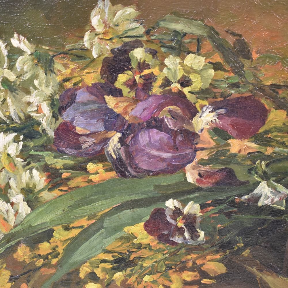 Tableaux Anciens Fleurs, Peinture Fleurs, Bouquet De Iris et Pensée, Début XX siècle. (QF185)-photo-2