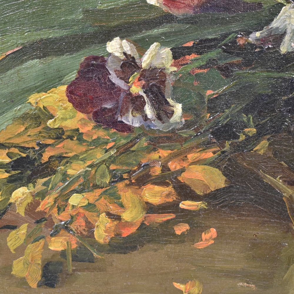 Tableaux Anciens Fleurs, Peinture Fleurs, Bouquet De Iris et Pensée, Début XX siècle. (QF185)-photo-3