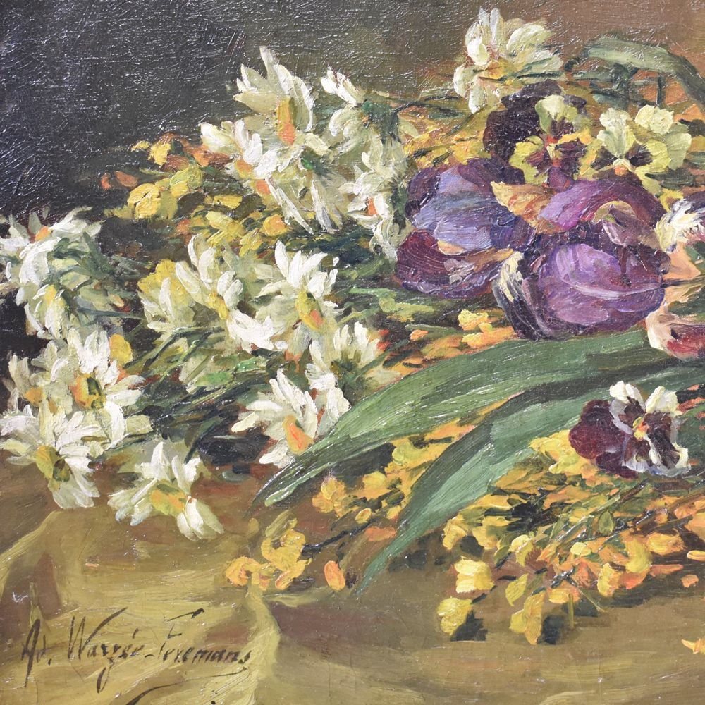 Tableaux Anciens Fleurs, Peinture Fleurs, Bouquet De Iris et Pensée, Début XX siècle. (QF185)-photo-4