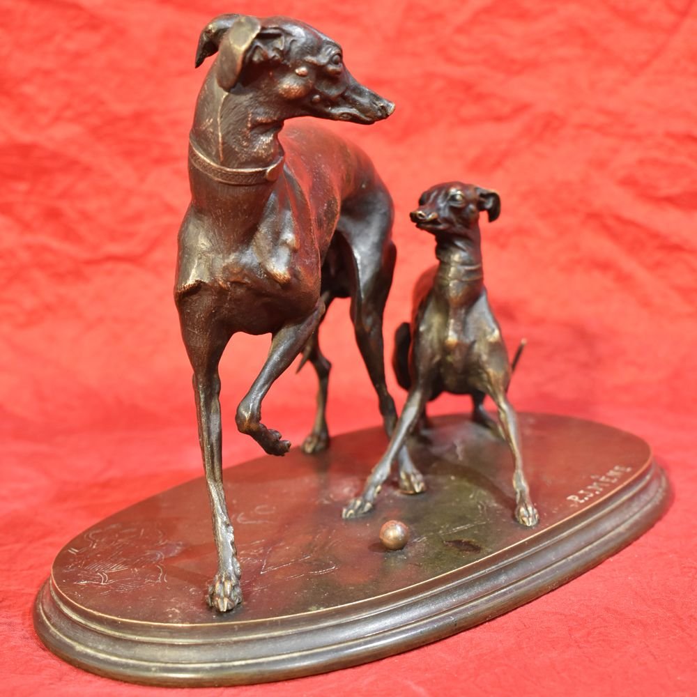 Antique Bronze Sculpture, Avec Deux Chiens Lévriers, Signé Pierre-Jules Mène,  XIXè. (STB38)-photo-3