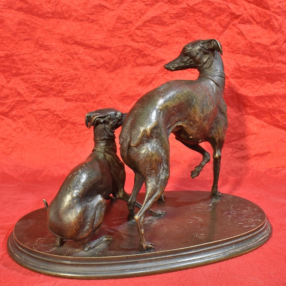 Antique Bronze Sculpture, Avec Deux Chiens Lévriers, Signé Pierre-Jules Mène,  XIXè. (STB38)-photo-2