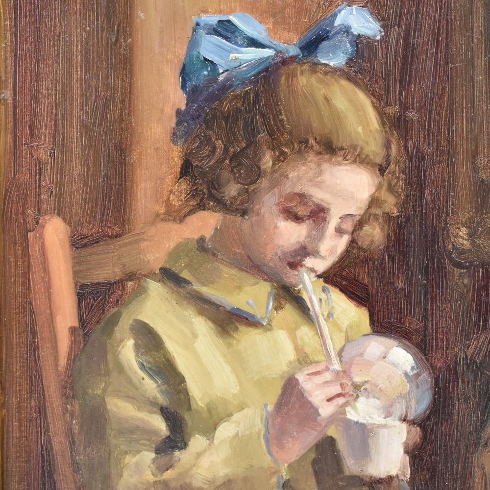 Tableaux Art Nouveau, Portrait Ancien Avec Petite Fille, Huile Sur Bois, XXè.   (QR189)-photo-3
