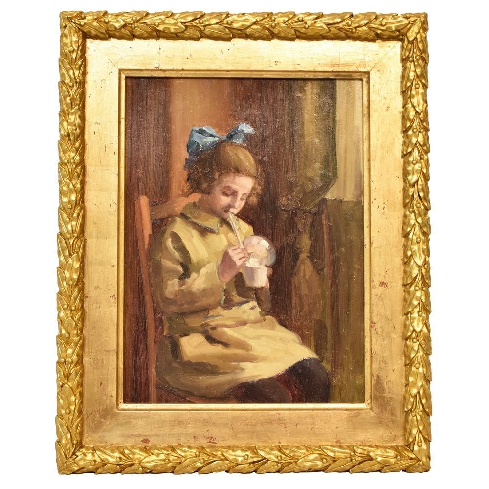 Tableaux Art Nouveau, Portrait Ancien Avec Petite Fille, Huile Sur Bois, XXè.   (QR189)