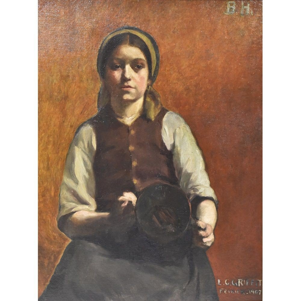 PORTRAIT ANCIEN, FILLE AVEC UN VASE EN CUIVRE, HUILE SUR TOILE, DÉBUT DU XX.  (QR 318)-photo-4