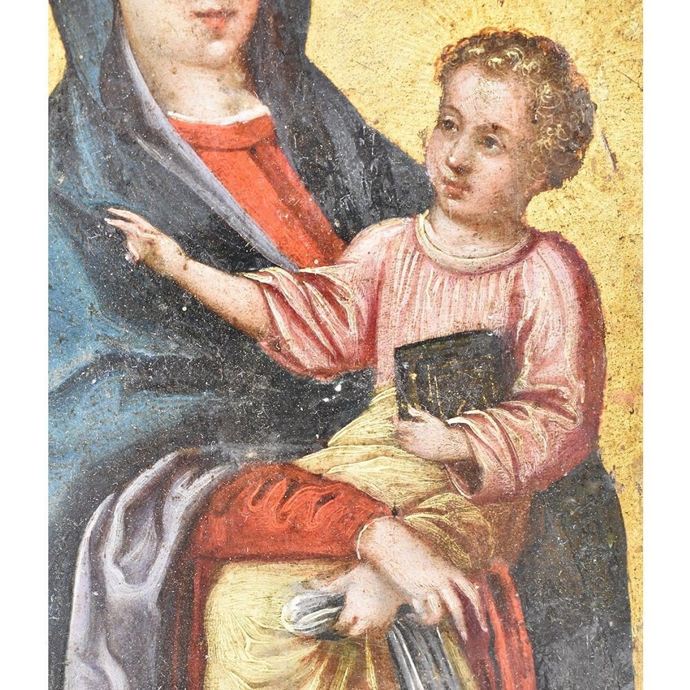 PETIT TABLEAU RELIGIEUX ANCIEN, VIERGE À L'ENFANT, HUILE SUR CUIVRE, XVIIÈME SIÈCLE. (QREL322)-photo-2