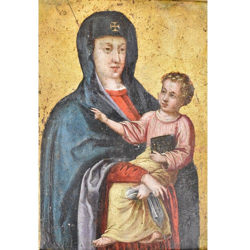 PETIT TABLEAU RELIGIEUX ANCIEN, VIERGE À L'ENFANT, HUILE SUR CUIVRE, XVIIÈME SIÈCLE. (QREL322)-photo-3