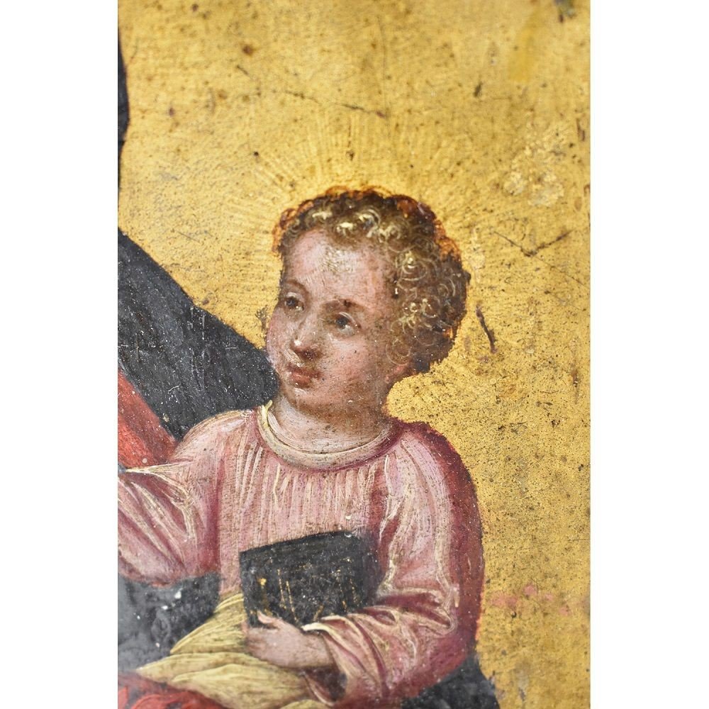 PETIT TABLEAU RELIGIEUX ANCIEN, VIERGE À L'ENFANT, HUILE SUR CUIVRE, XVIIÈME SIÈCLE. (QREL322)-photo-2