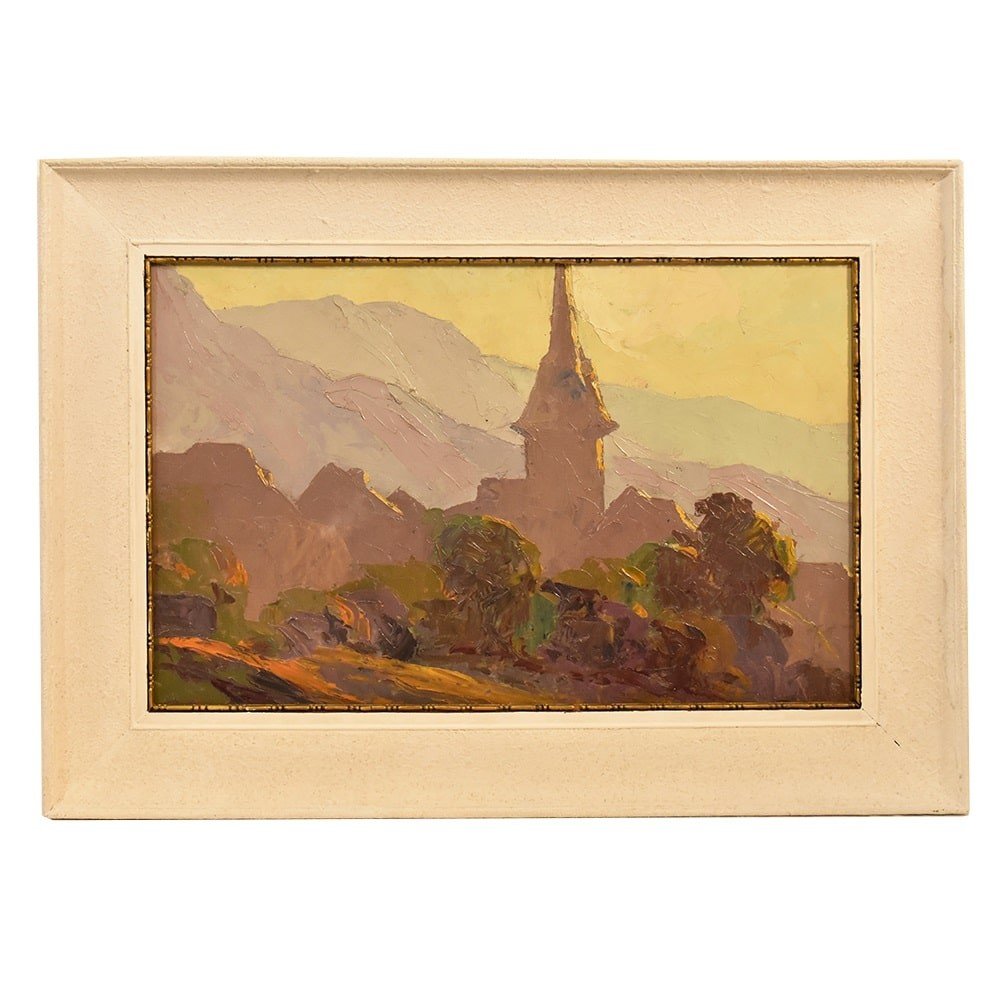 TABLEAUX PAYSAGES AVEC ÉGLISE, ART DECO, GENET PAULETTE,  DÉBUT XXÈME SIÈCLE. (QP 384)