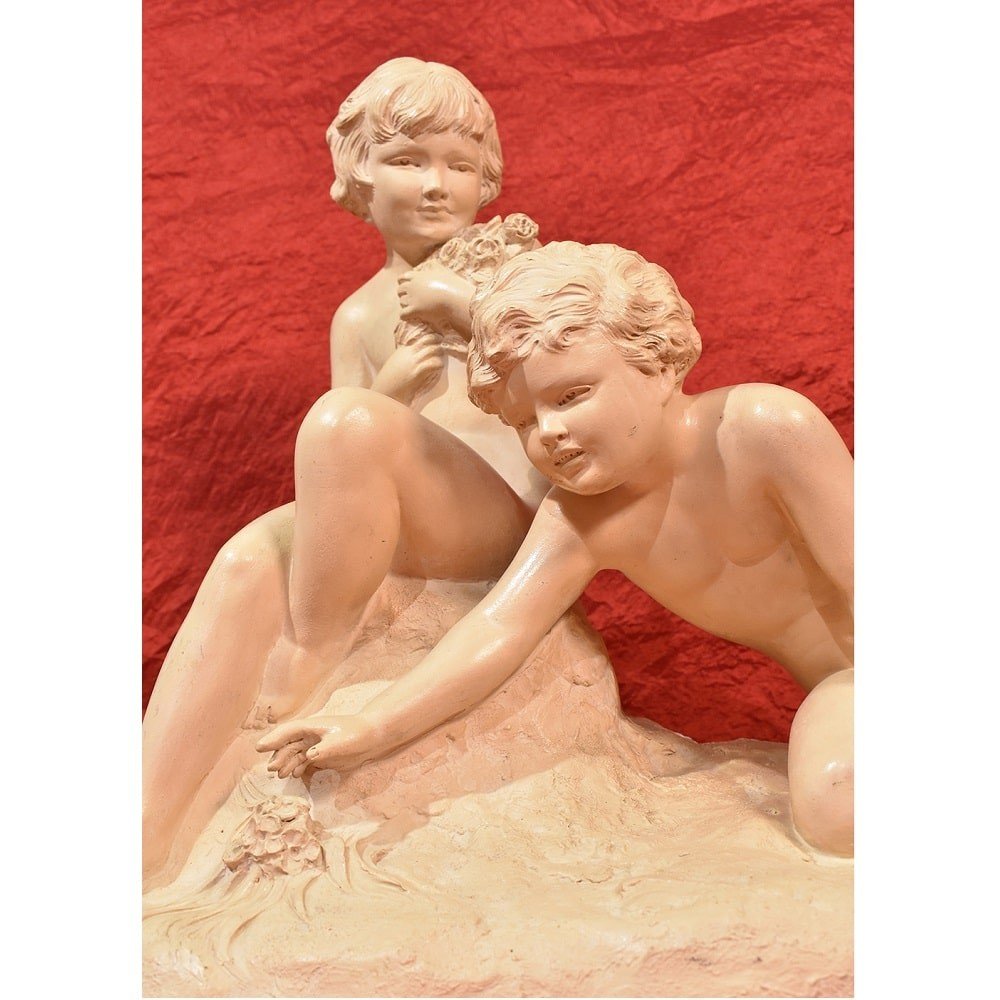 SCULPURES  EN TERRE CUITE, ART DÉCO, ENFANTS JOUANT, SIGNÉ CIPRIANI.  (STTE70)-photo-4