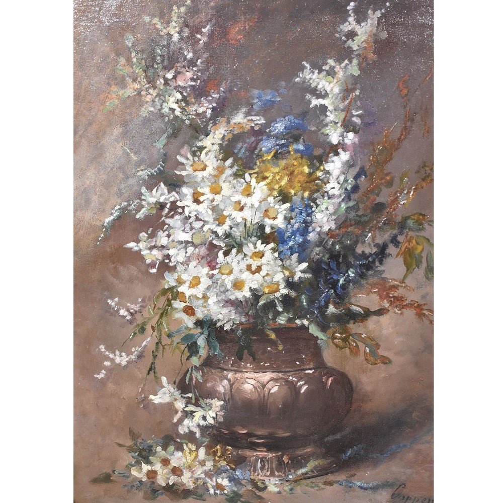 Tableaux Anciens Fleurs, Peinture Fleurs, Marguerites Blanches, Coppenolle, XIXè Siècle.(qf393)-photo-2