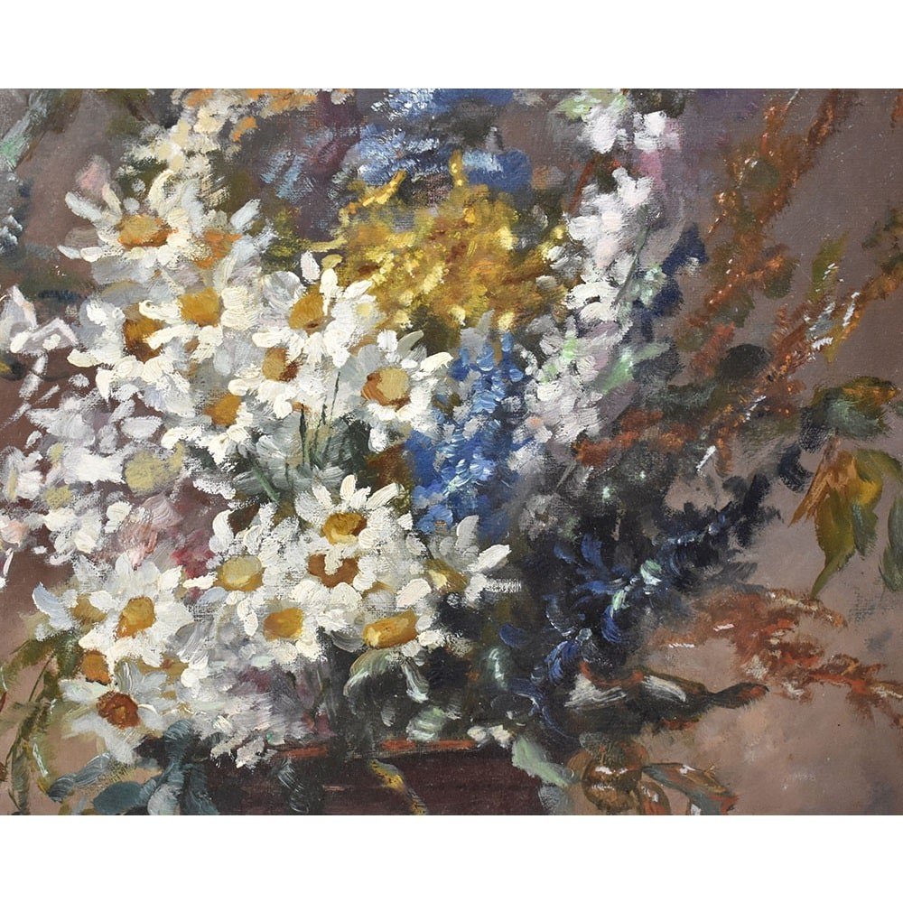 Tableaux Anciens Fleurs, Peinture Fleurs, Marguerites Blanches, Coppenolle, XIXè Siècle.(qf393)-photo-4