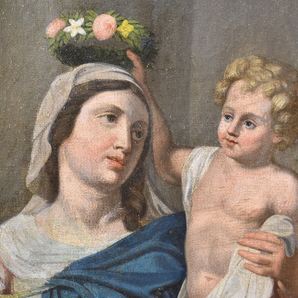 Tableau Religieux Anciens, Vierge à l'Enfant, XIXème Siècle. (QREL400)-photo-1