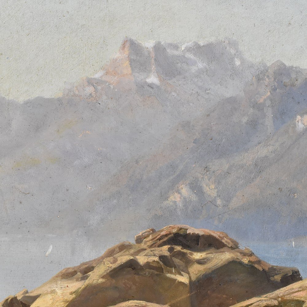 Tableau Ancien, Paysage De Montagne, Leberecht Lortet, XIXème Siècle. (QP405)-photo-2