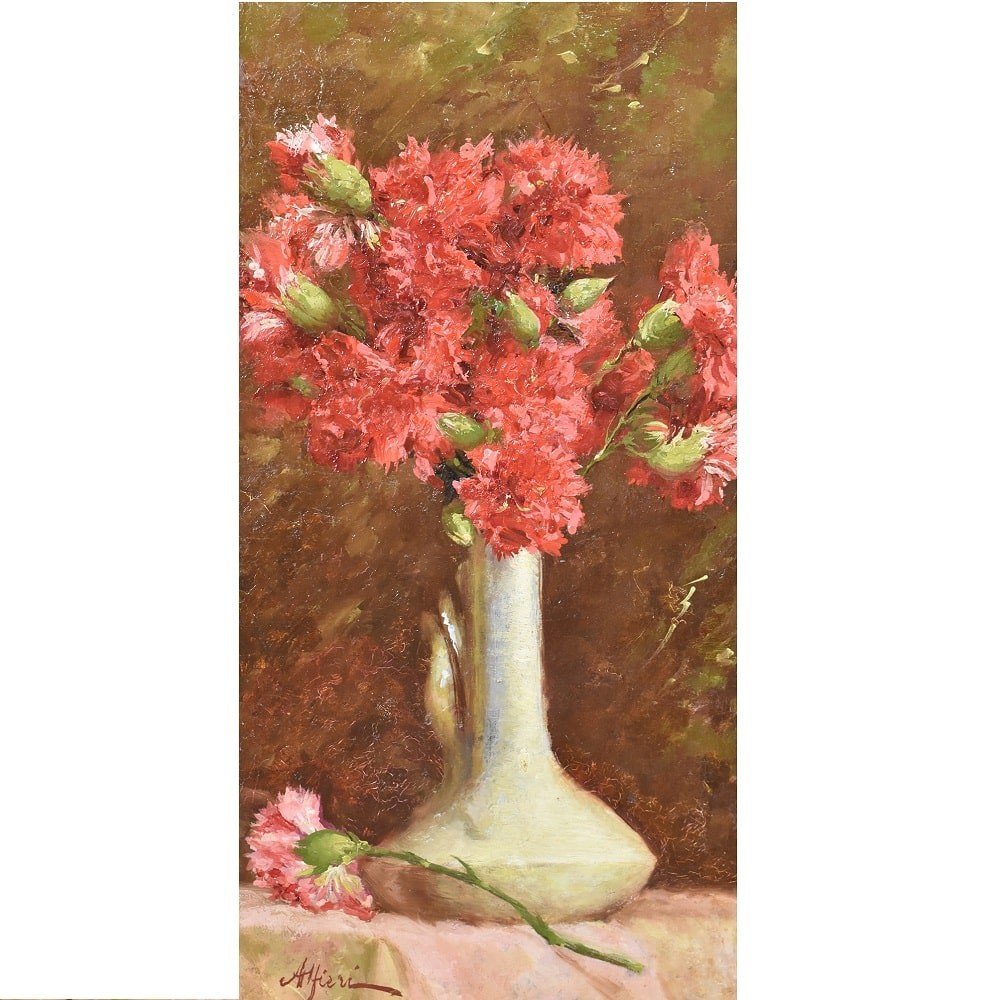 Tableaux Anciens Fleurs, Peinture Fleurs, Oeillets Rouges, XIXè Siècle. (QF406)-photo-2