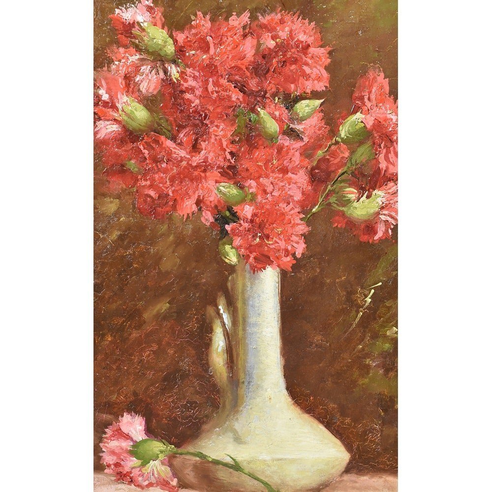 Tableaux Anciens Fleurs, Peinture Fleurs, Oeillets Rouges, XIXè Siècle. (QF406)-photo-3