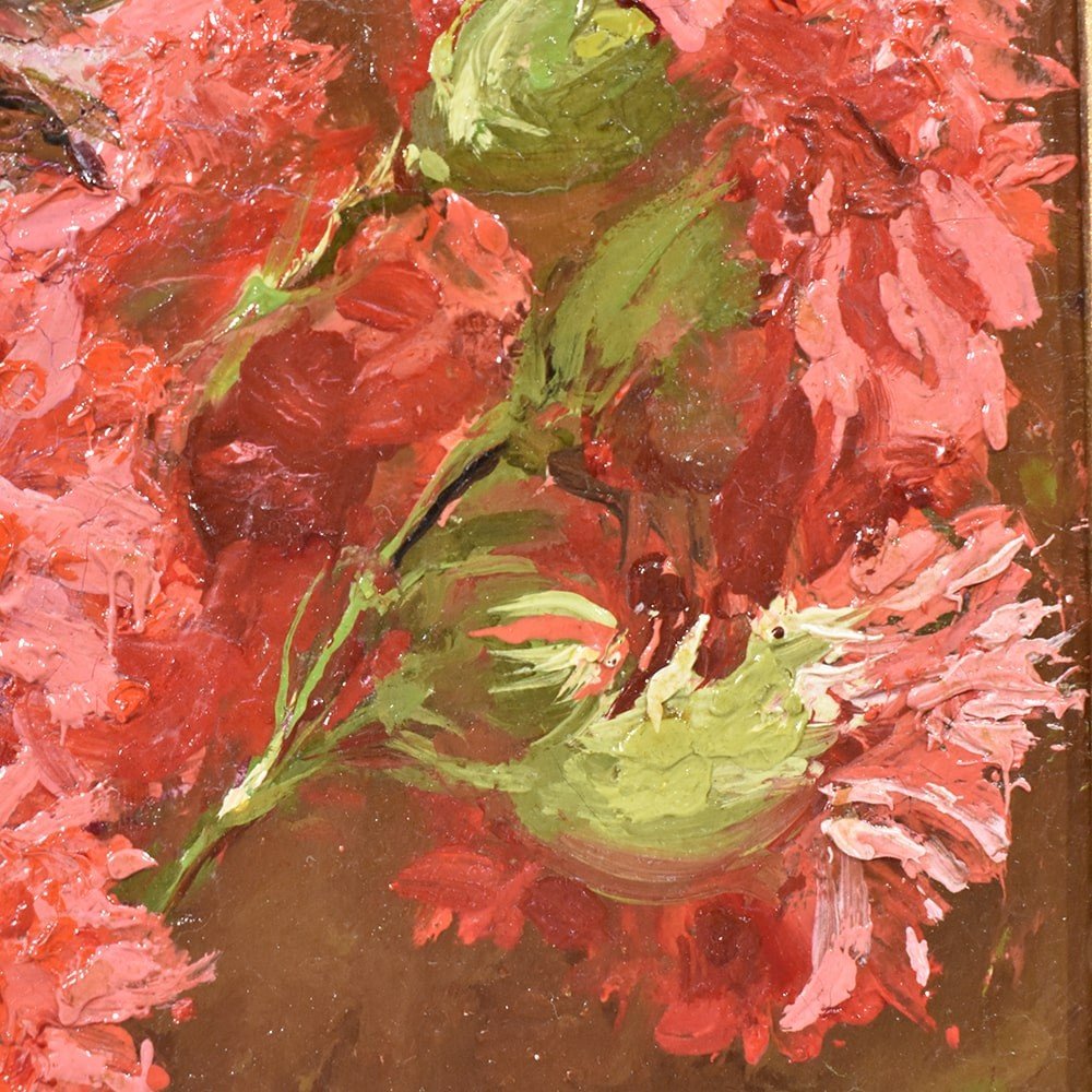 Tableaux Anciens Fleurs, Peinture Fleurs, Oeillets Rouges, XIXè Siècle. (QF406)-photo-1