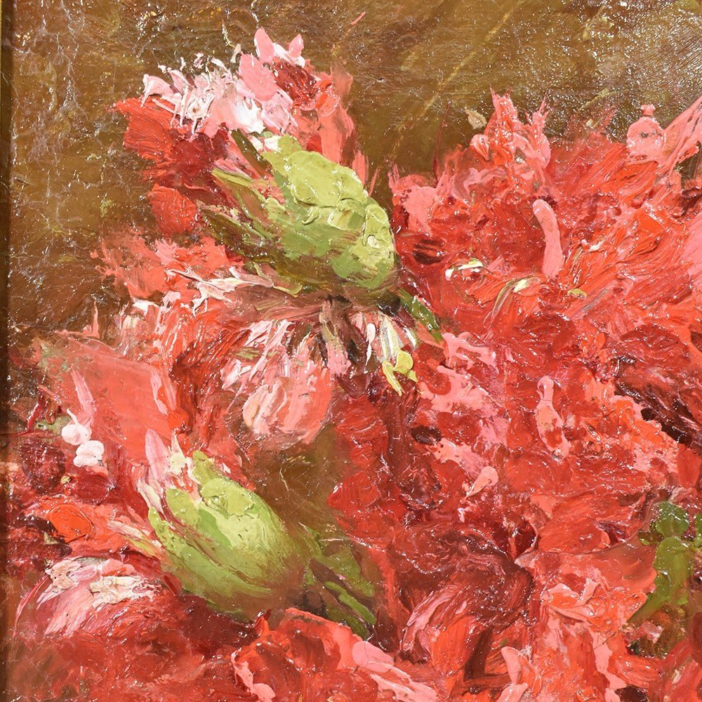 Tableaux Anciens Fleurs, Peinture Fleurs, Oeillets Rouges, XIXè Siècle. (QF406)-photo-2